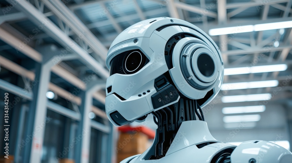 Poster a close-up of a futuristic robot, focusing on its head. the robot has a sleek, metallic design, hint