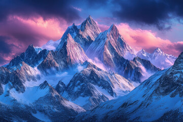 Breathtaking view of snow-capped mountains at sunset, with vibrant pink and purple skies creating a dramatic contrast against the rugged peaks.