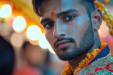 Close-up portrait of a young Indian man with a beard, wearing traditional attire and an orange tika, looking at the viewer with serious expression and soft, blurred background.