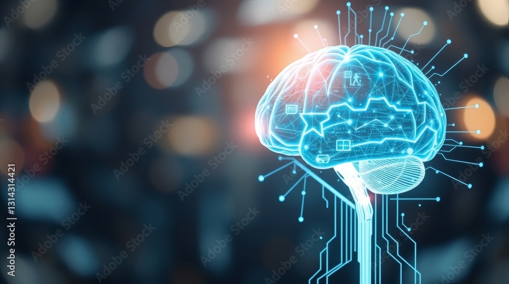 Poster a futuristic digital brain with glowing lines symbolizing artificial intelligence and technology 