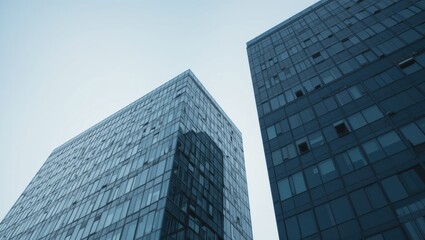 Obraz premium Modern Glass Buildings Reaching Towards Clear Blue Sky in an Urban Cityscape