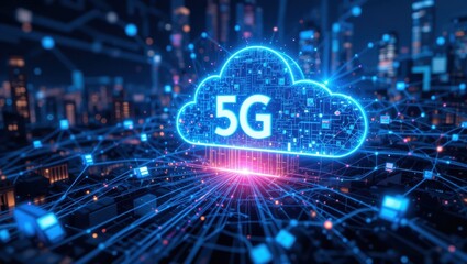 Futuristic 5G Cloud Technology Represented with Blue Neon Lights Overlooking a Modern City