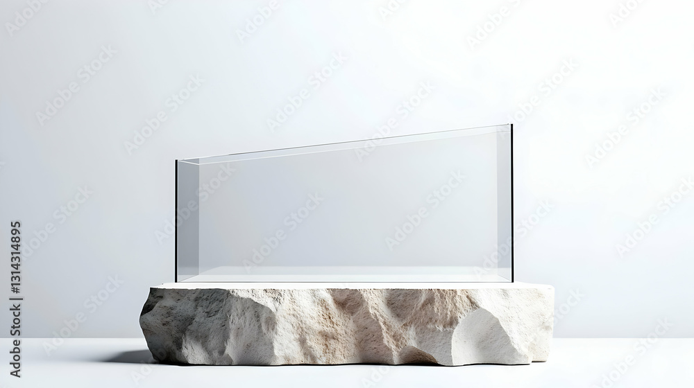 Poster empty transparent glass display case on rough white stone podium with white background 3d rendering 