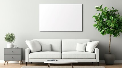 Living room features a beige sofa, sideboard, and coffee table with elegant accessories against a calming spa-inspired backdrop