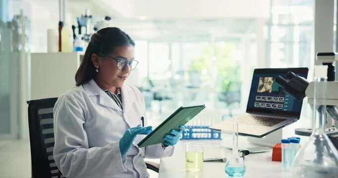 Office, scientist and woman with tablet, medical research and data collection for experiment or chemical. Healthcare, online and person with tech for investigation, synthesis analysis of treatment