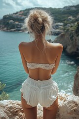 Beautiful woman lying by the sea, showcasing her legs, captured from behind in high definition with coastal scenery in view