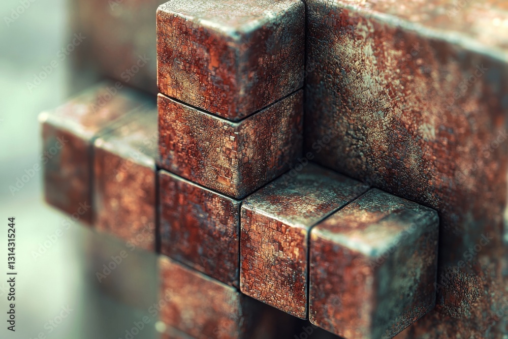 Poster a close-up studio shot of a metallic, rusted cube structure, showcasing intricate details and textur