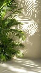 Fototapeta premium Soft shadow of palm leaf overlays a light green surface, evoking a tranquil summer feel perfect for creative design projects