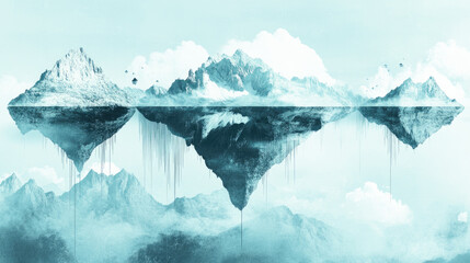 Surreal floating mountains reflecting in calm water under a cloudy sky