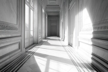 White marble ancient Greek corridor, sun casting long shadows across intricate friezes.