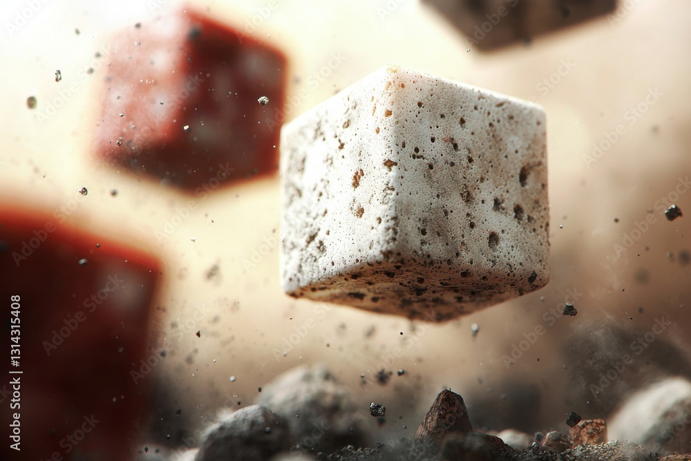 Poster abstract macro shot of floating porous cubes in a dynamic dust-filled environment, featuring detaile