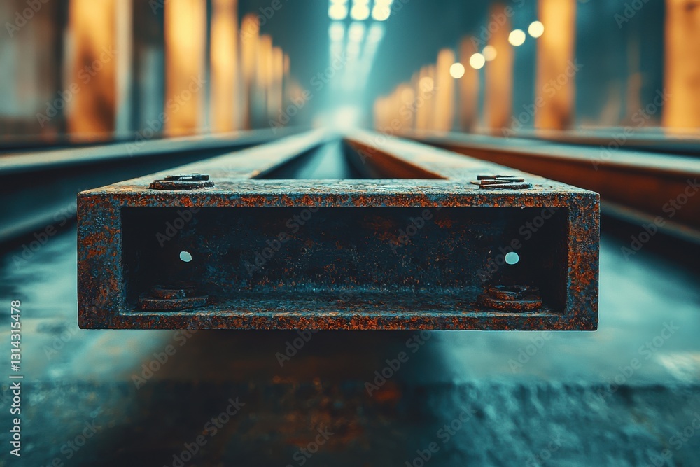 Poster a low-angle view of a rusted metal beam at a train station, creating a perspective that emphasizes t