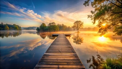 Wooden pier at sunrise over a calm lake with misty atmosphere and reflections of trees on the water, reflection, peaceful scenery