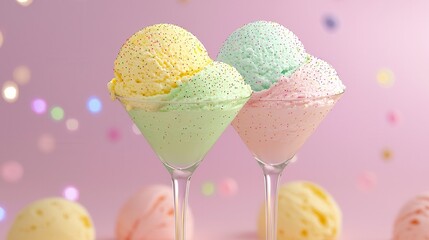 Colorful Ice Cream Scoops in Glasses with Sparkles and Soft Focus Background