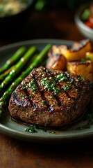 A delicious medium rare ribeye steak served with grilled asparagus and roasted potatoes on a plate, showcasing grill marks and fresh herbs in a cozy dining setting