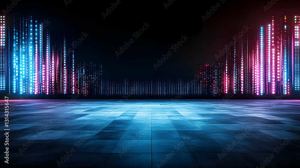 Poster dark empty stage illuminated with vibrant blue and pink neon lights in a futuristic synthwave design