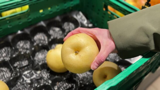 Close up of a hand choosing fresh asian pears at the supermarket