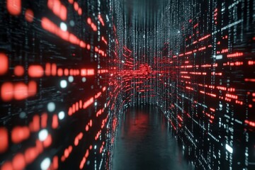 Digital stream data tunnel with orange lights shimmering. Visualization of information, data processing and futuristic technology for banner or presentation.