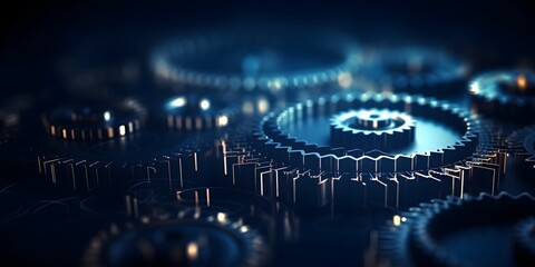 Abstract 3D Gears Mechanics Concept on Dark Background with Polygonal Mesh and Flare