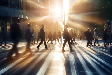 Businesspeople Crossing Street with Support Bags and Smartphones in Blurred City Scenery with Overhead Flare