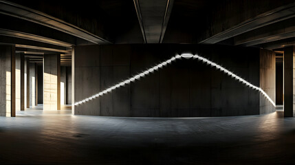 Empty Concrete Interior With Dramatic Light Beam In Modern Industrial Building Design With Minimalist Geometric Architecture And Stark Shadows