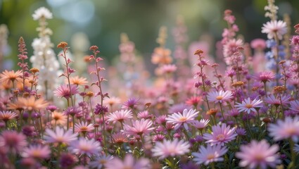 Lush Garden Filled with Blooming Colorful Flowers in Soft Pastel Shades during Daylight