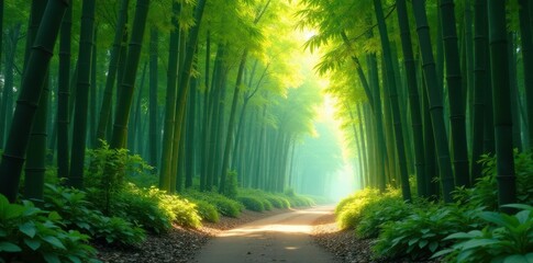 Obraz premium Ancient bamboo grove, dappled sunlight, diverse flora, nature, sunlight