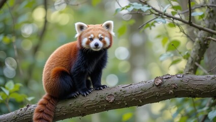 Red Panda Sitting on a Tree Branch Surrounded by Lush Green Forest in Natural Habitat