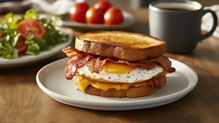 Delicious egg and bacon sandwich on toast with fresh salad and coffee, captured in warm golden hour light in a rustic kitchen setting