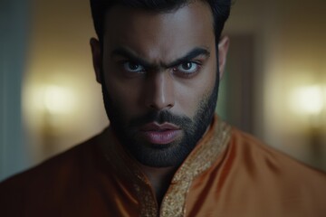 Obraz premium Intense portrait of a serious man with a commanding gaze, clad in traditional attire against a softly lit backdrop, evoking power and cultural richness with focused expression.