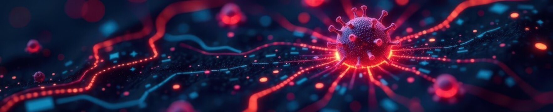 Close-up of corrupted data stream with virus icon, internet, online, code