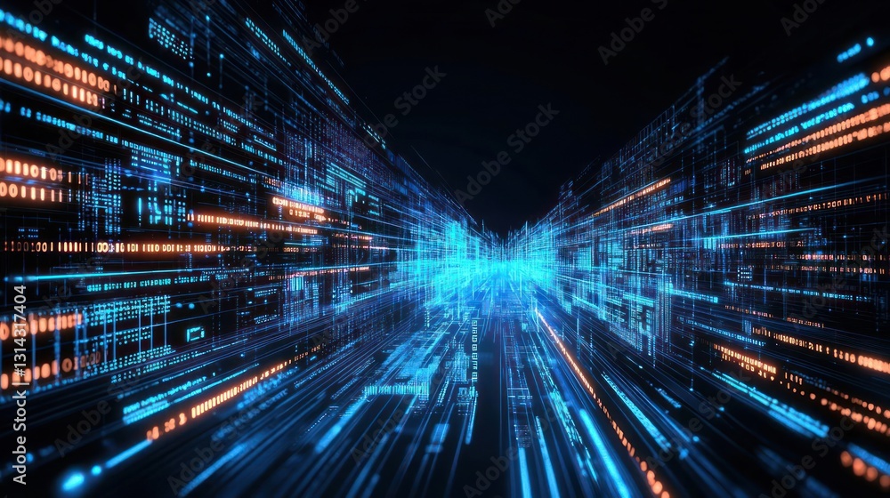 Poster abstract digital data stream tunnel with blue and orange lights and technology lines