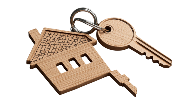 House keys with an intricate house-shaped keychain, isolated on a transparent background with sharp focus