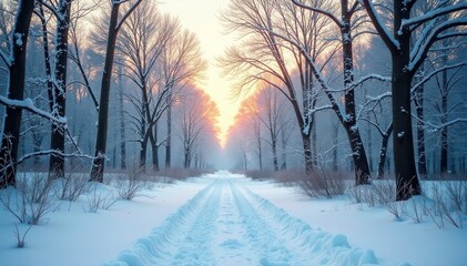 Obraz premium Bare, leafless trees, deep snow drifts, muted light , white, woodland
