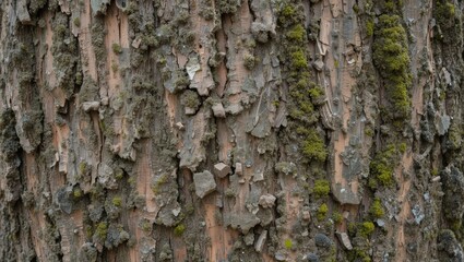 Obraz premium Textured Tree Bark Showing Earthy Patterns and Green Moss in a Natural Forest Environment