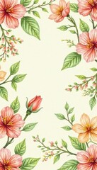 Beige watercolor floral pattern, seamless abstract design with green vines , flowing, illustration