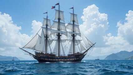 Historic Sailing Ship Navigating the Open Ocean under a Bright Blue Sky with Fluffy Clouds