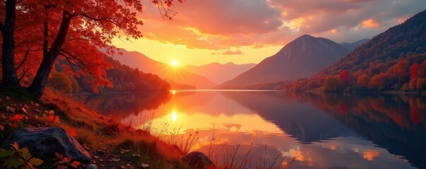 Fototapeta premium Blazing orange sunset over calm Hintersee, vibrant fall foliage , autumn, scenic