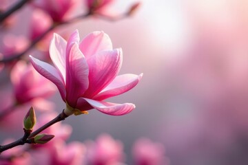 Obraz premium Blooming pink magnolia branch, vibrant petals against soft background , elegant, floral, soft