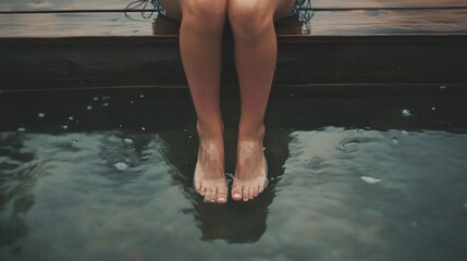 relaxed young woman sitting on wooden deck, feet dangling over water, pastel neutral tones