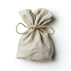 Linen drawstring gift bag, neatly tied with a string, isolated on a white background, symbolizing sustainable gift-wrapping.