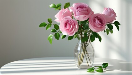 Elegant pink roses bouquet in vase with soft natural light and copy space