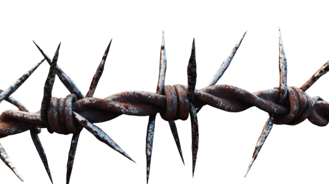 Detailed close-up of barbed wire with sharp metal spikes, isolated on a transparent background.