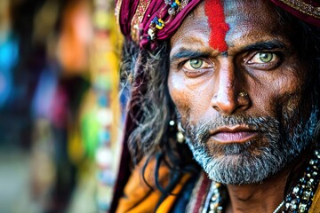 A captivating close-up of an Indian Sadhu with striking green eyes, traditional markings, and elaborate turban, evoking a sense of spirituality and ancient wisdom.