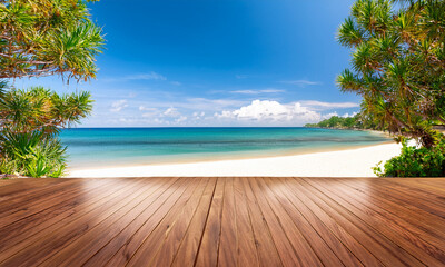Fototapeta premium Tropical Beach with Wooden Platform and Ocean View Showcase Advertising