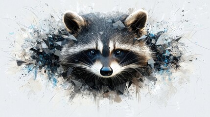 A striking digital portrait of a raccoon with a shattered glass effect, set on a clean white backdrop.