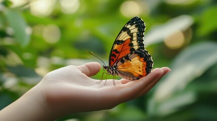 Delicate moment, Painted lady butterfly resting gently on a human hand