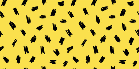 Seamless abstract pattern with hand drawn black scribble strokes on a yellow background. Playful and modern doodle design. Perfect for textiles, branding, packaging, wallpapers, and digital projects.