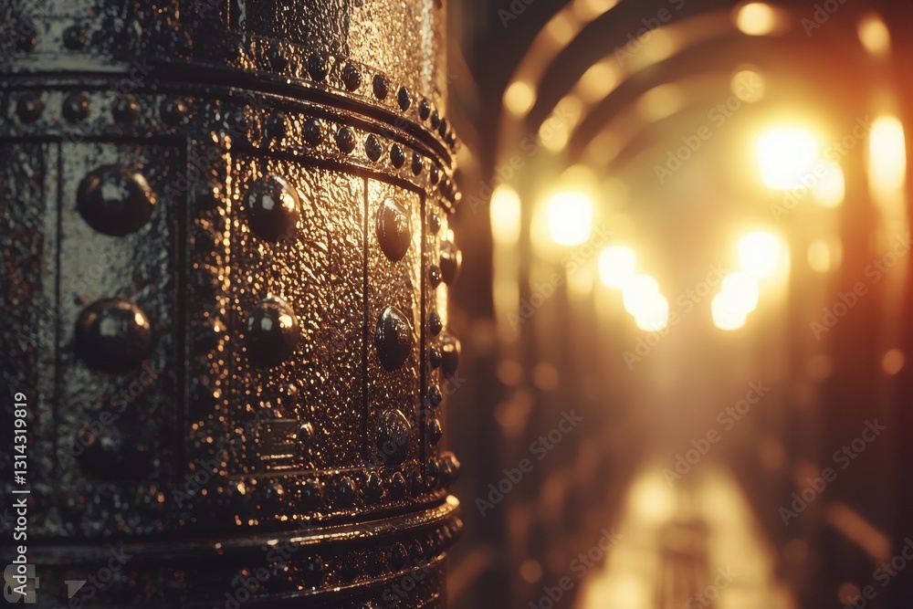 Poster a close-up shot of a metallic pillar with intricate details and a glossy surface, set against a blur