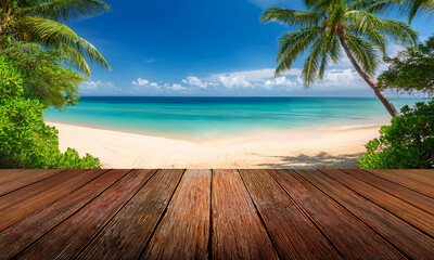 Fototapeta premium Tropical Beach with Wooden Platform and Ocean View Showcase Advertising